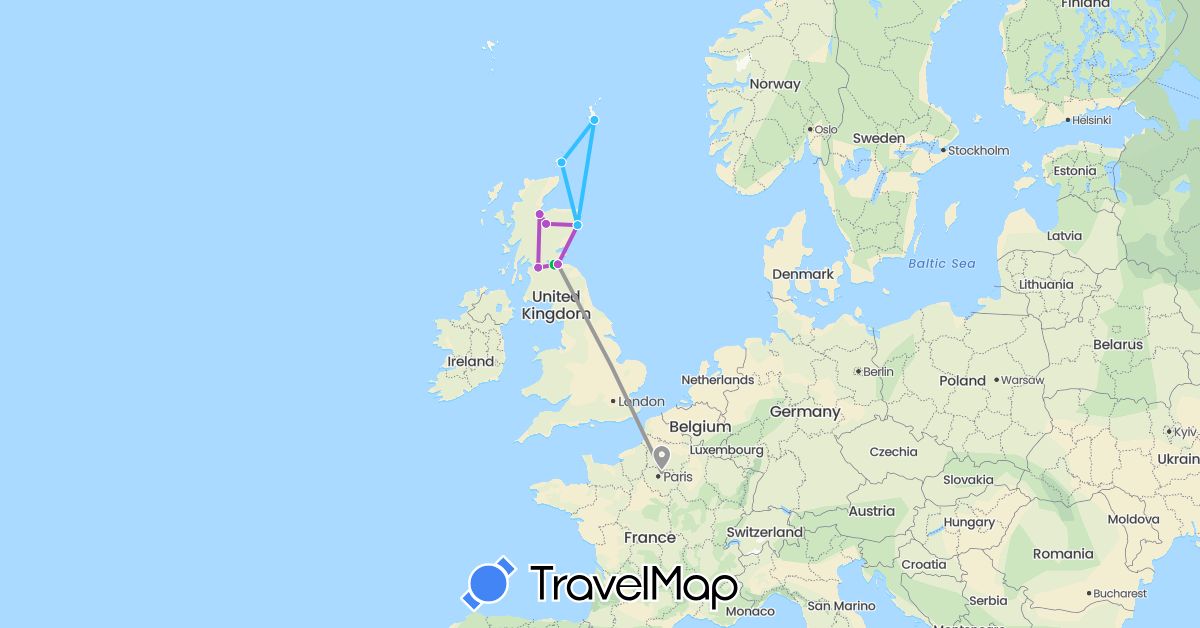 TravelMap itinerary: driving, bus, plane, train, boat in France, United Kingdom (Europe)